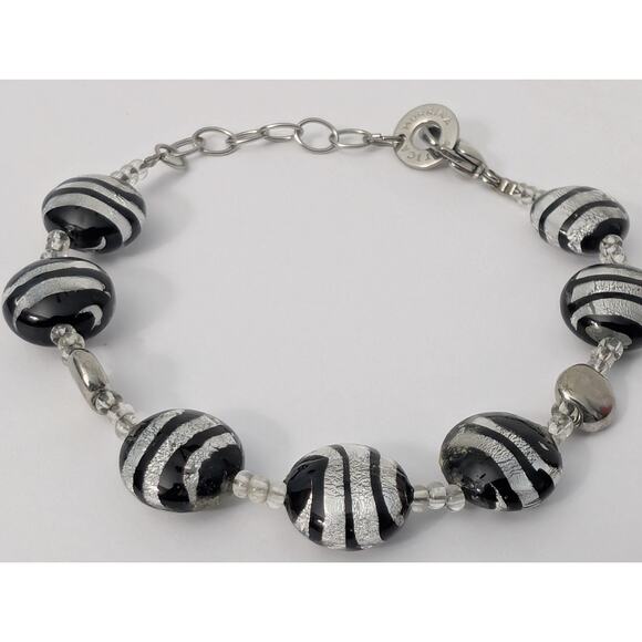 Murrina Amtica Glass Bracelet Black White Silver Zebra Stripe Adjustable Chain - Picture 1 of 6